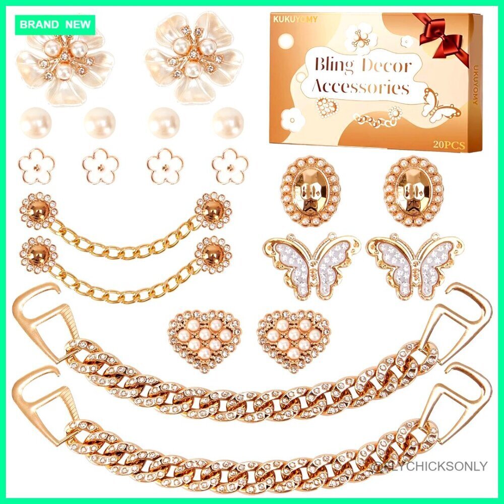 20-Piece Shoe Charm Set with Gold Chains, Pearls, Butterflies, Flowers